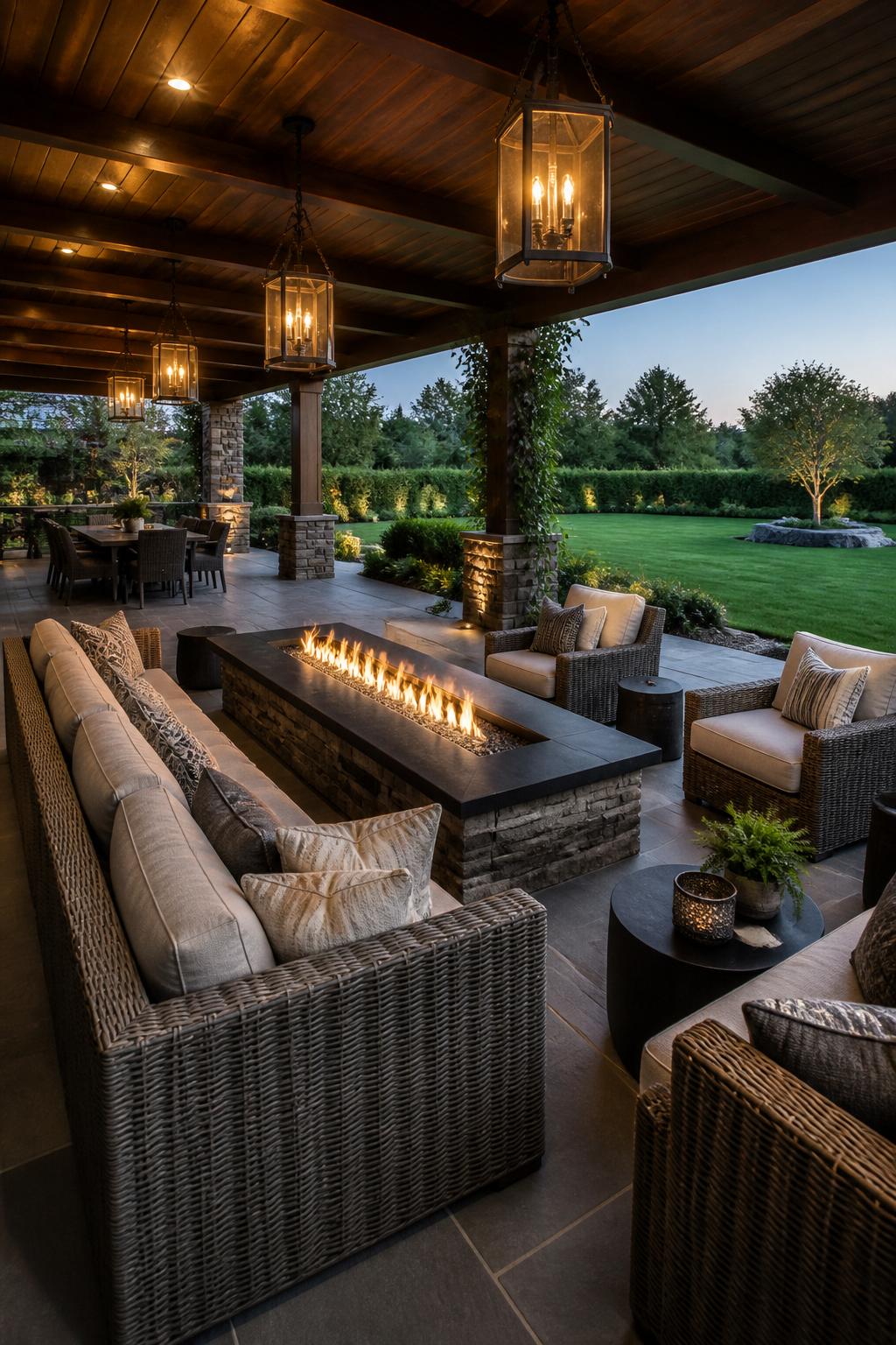 An outdoor covered terrace lounge with a long rectangular fire pit as the dramatic centerpiece.