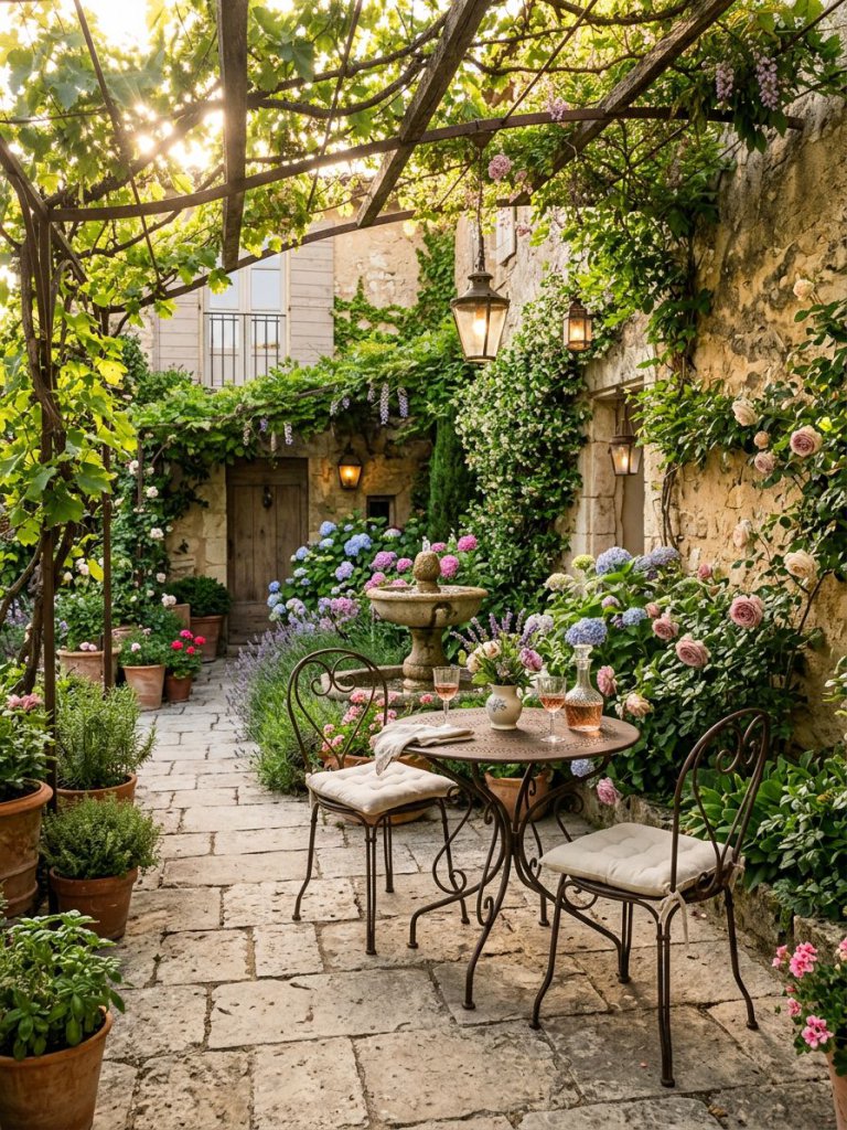 A cozy French courtyard patio designed in classic Provence garden style with rustic stone walls, vine-covered pergolas, and a charming wroug.