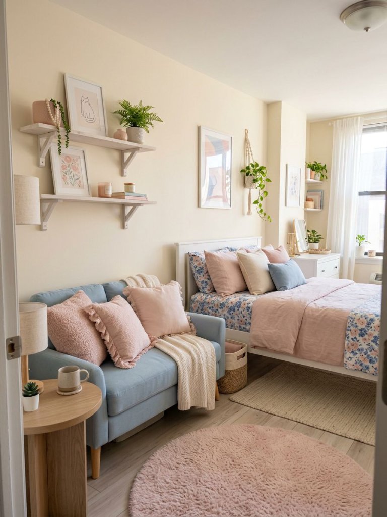 A compact blue and pink bedroom apartment setup designed in Cozy Kawaii and Warm Minimalist style with carefully curated pastel decor.