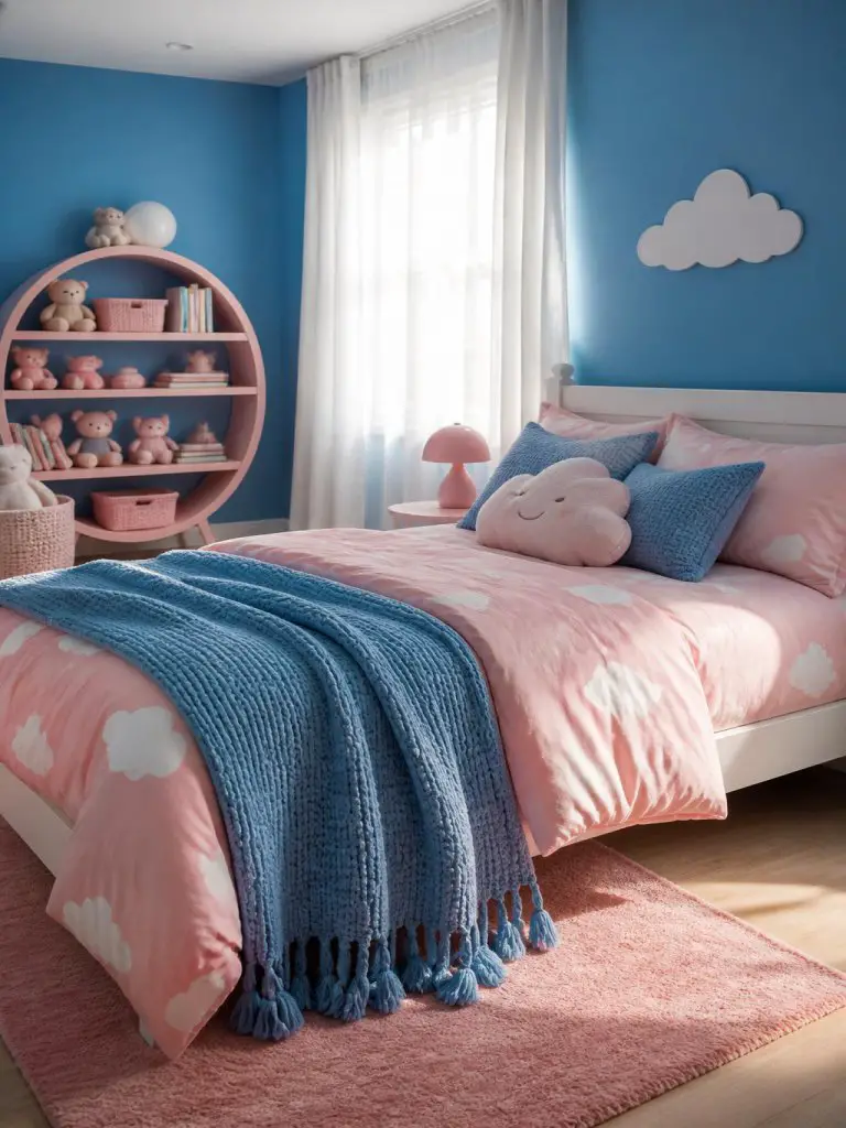 A cozy blue and pink kids bedroom designed with cheerful Scandinavian simplicity and soft pastel styling.