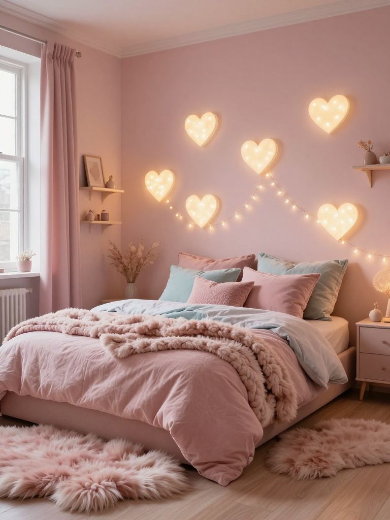 A cozy blush pink bedroom with layered plush textures, glowing heart-shaped wall lights, and romantic feminine decor inspired by soft fairyc.