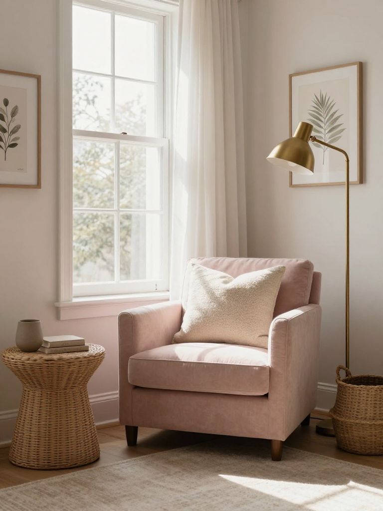 A cozy blush pink reading nook designed in a Warm Minimalist and modern cottage-inspired style with soft feminine textures and calming natur.