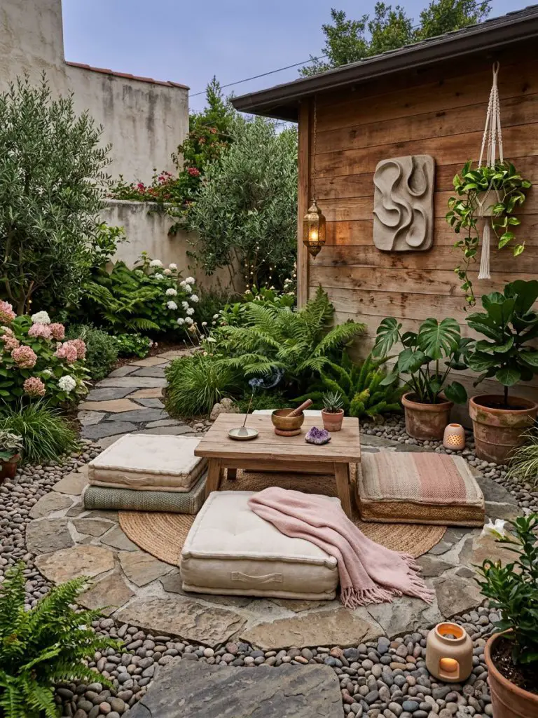 Create a cozy boho-inspired meditation patio blending Zen landscaping with Warm Rustic outdoor living design in a compact courtyard garden.