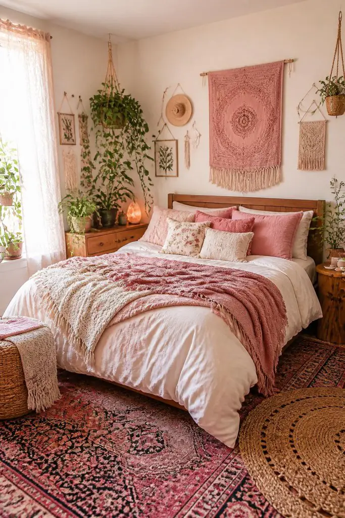 A cozy boho pink bedroom layered with vintage-inspired textiles, soft blush bedding, botanical accents, and relaxed eclectic styling.