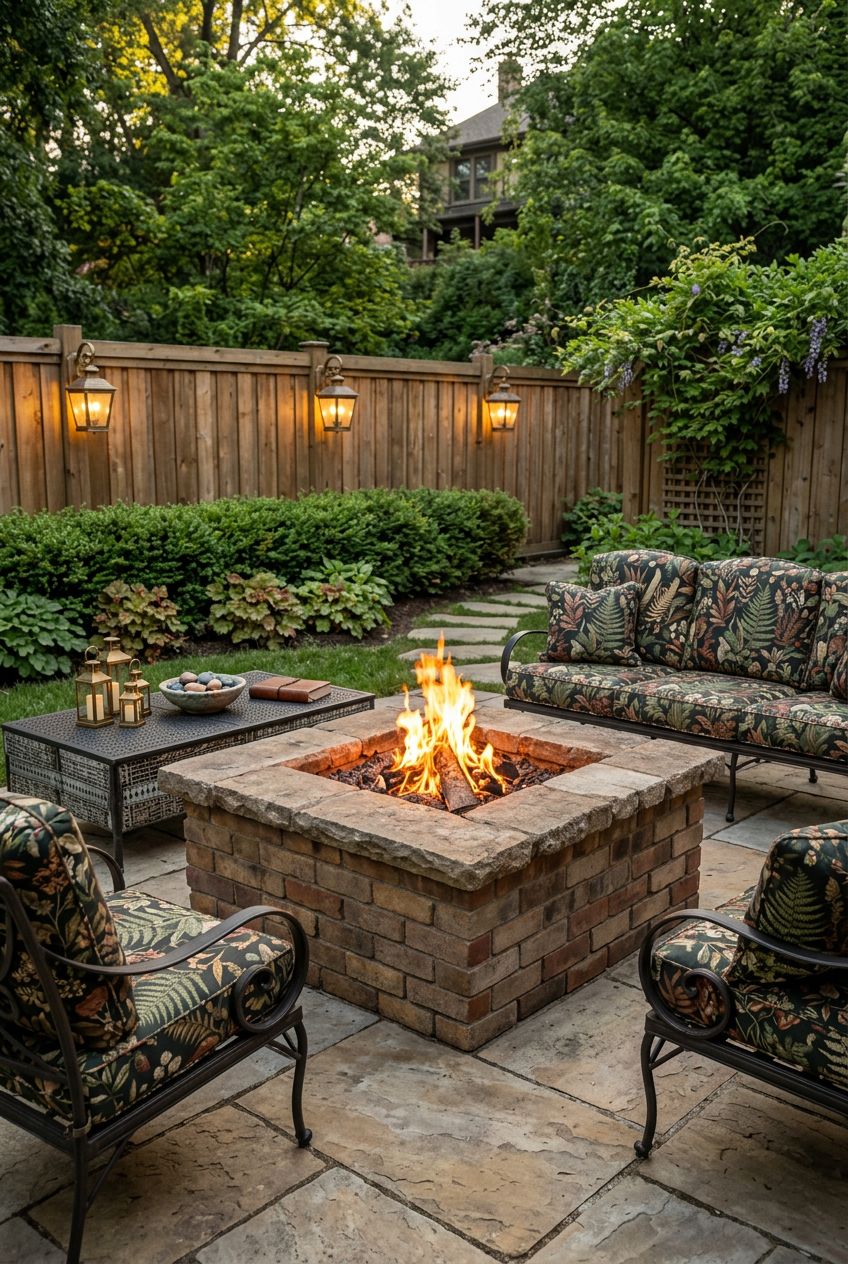 A classic square brick fire pit centers the patio, with rustic bricks in varied warm tones providing depth and visual interest.