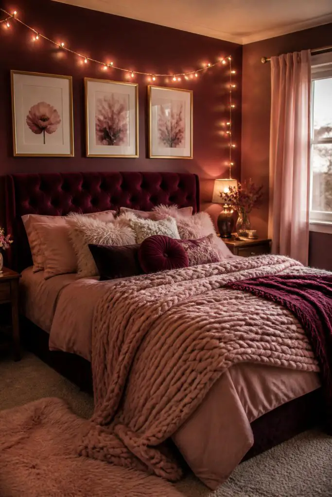 A cozy and intimate bedroom designed with a feature wall in deep burgundy, highlighted by a velvet tufted headboard in a similar shade.
