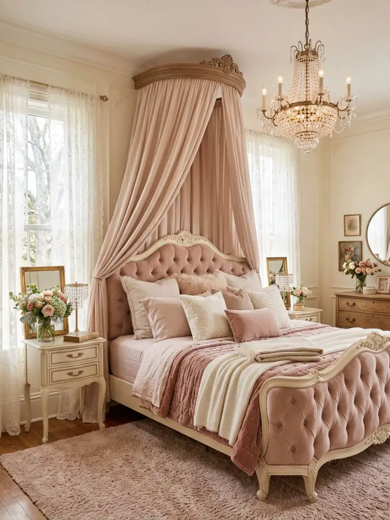 A cozy canopy pink bedroom designed in a romantic French-inspired aesthetic with flowing blush canopy drapes framing an ornate upholstered b.