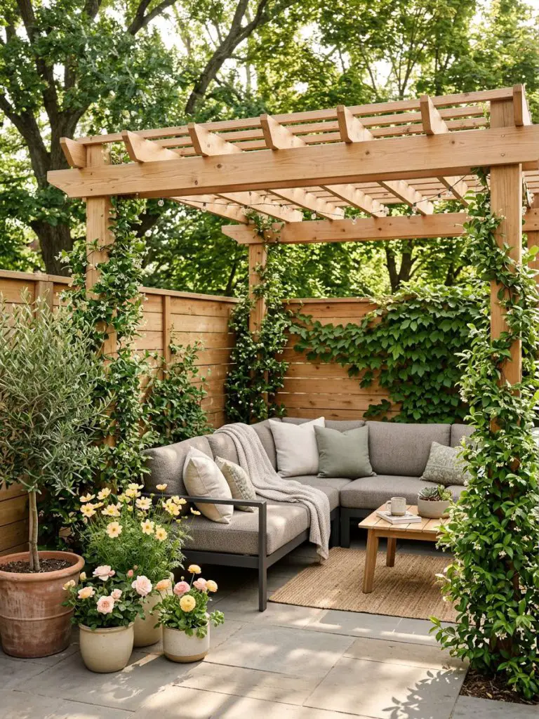 A compact backyard pergola designed in a warm minimalist and modern rustic style, featuring a natural cedar wood pergola built over a small.