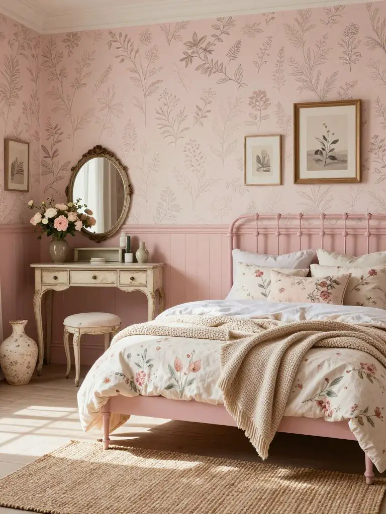 A soft cottagecore pink bedroom with botanical wallpaper, blush painted wainscoting, and delicate vintage furnishings arranged in a calm and.