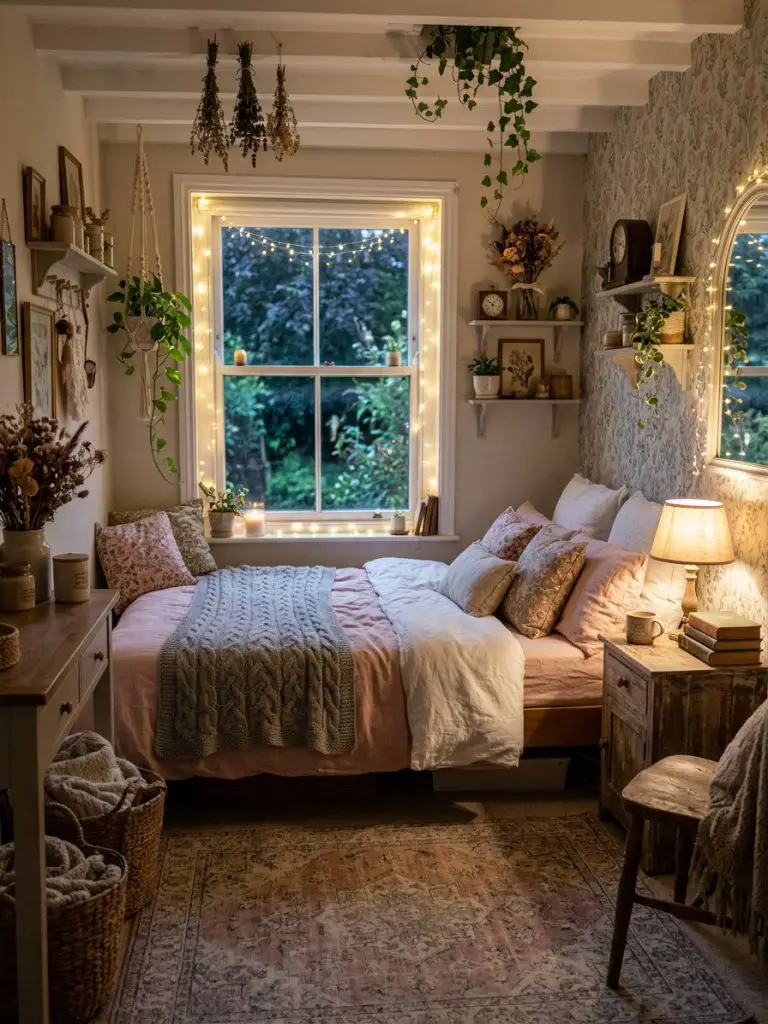 A cozy cottagecore-inspired pink and grey bedroom filled with layered textiles, botanical accents, vintage-inspired decor, and soft ambient.
