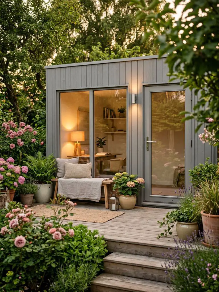 A cozy small garden office set on a wooden deck, styled in warm minimalist design with soft rustic touches.
