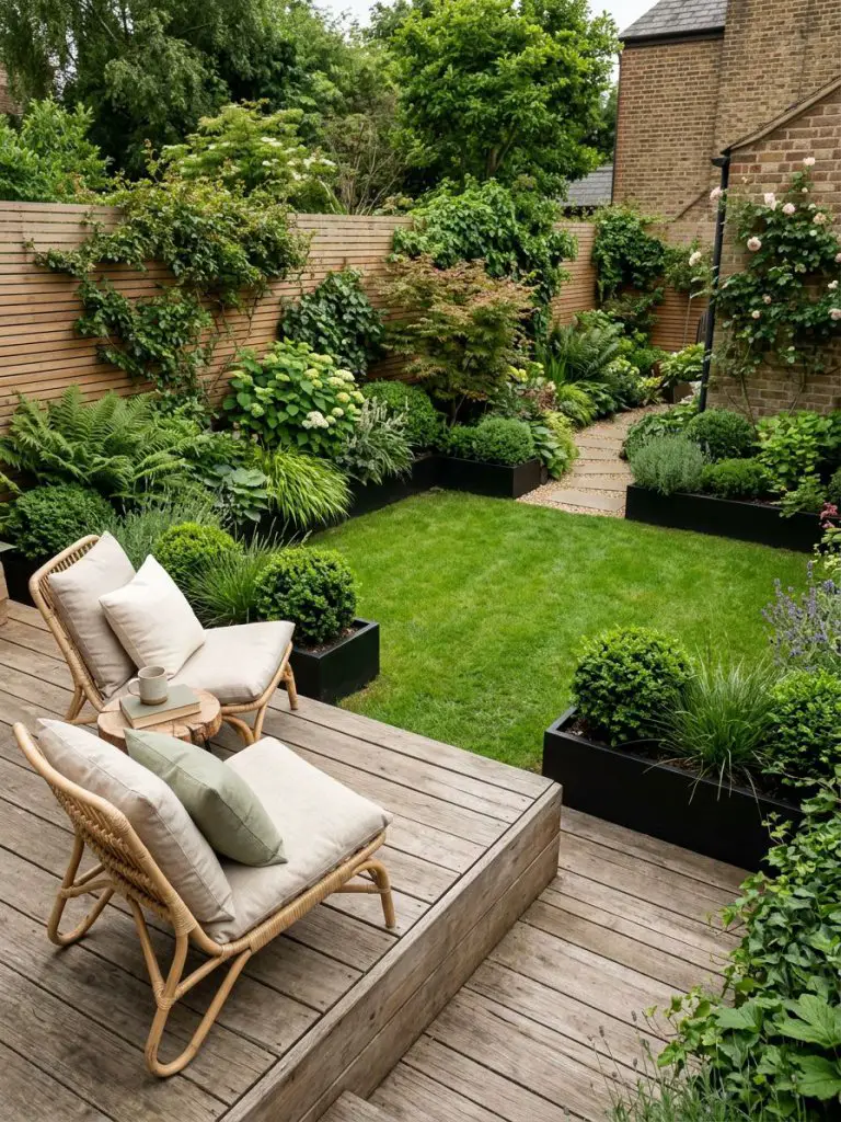 A cozy small garden featuring a decked lawn area with a relaxed seating zone, designed in a warm minimalist and modern rustic style.