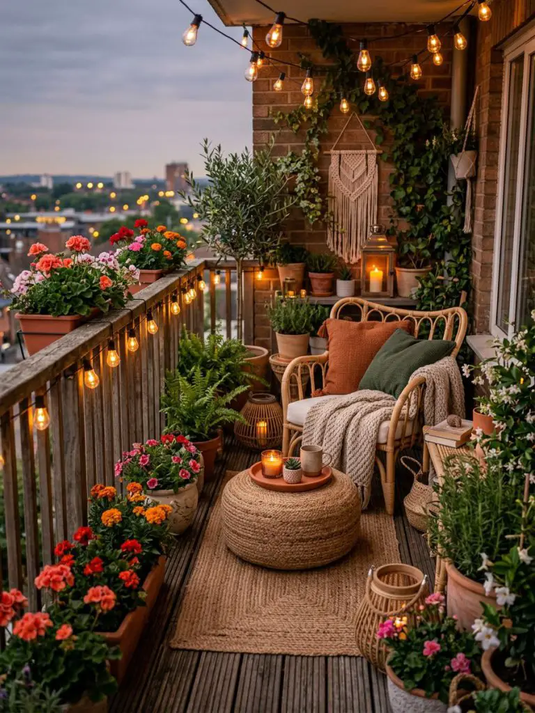 A cozy evening balcony garden styled with warm lighting and intimate seating.