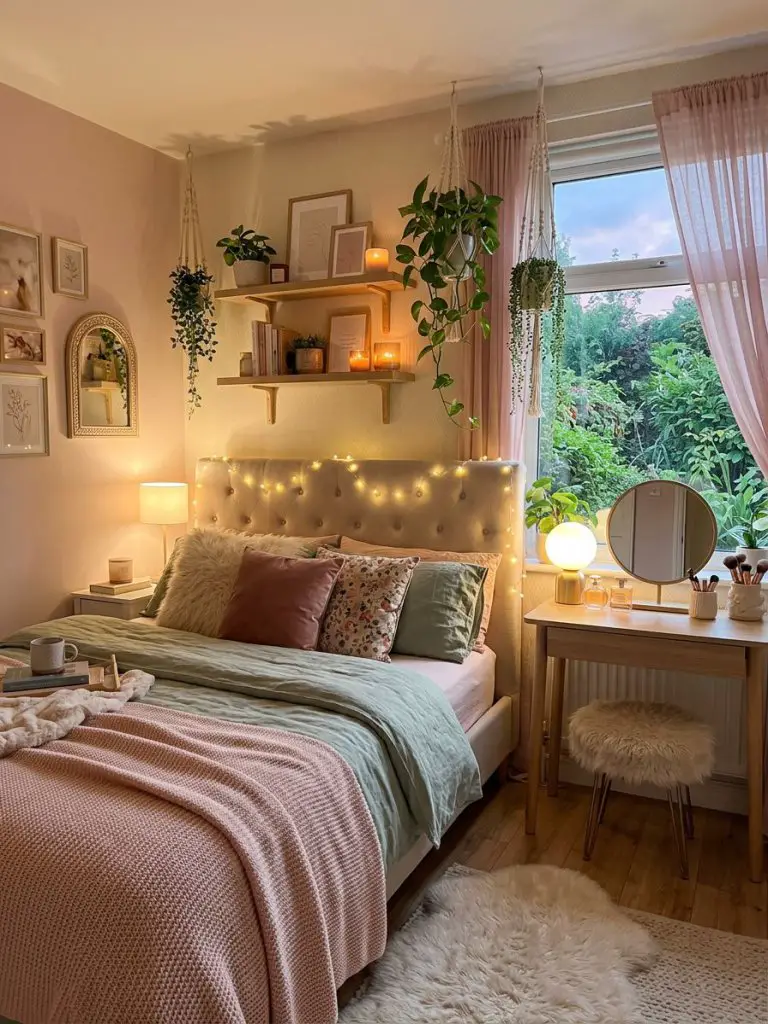 A cozy dreamy pink and green bedroom inspired by modern soft-girl aesthetics and ambient evening lighting.