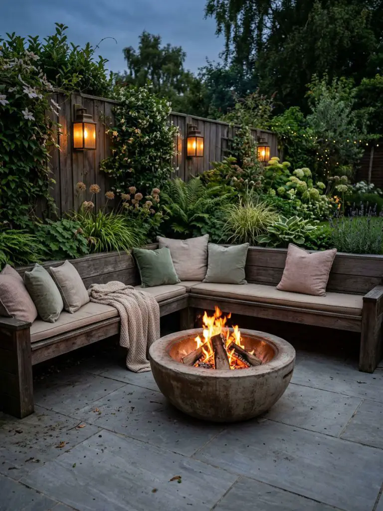 A cozy small garden fire pit seating area featuring a built-in wooden bench along a fence line, layered with soft neutral cushions in beige.