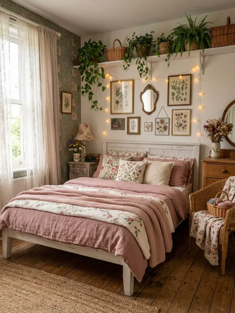 A cozy cottagecore pink bedroom filled with romantic floral details and soft feminine textures designed in a vintage-inspired aesthetic with.