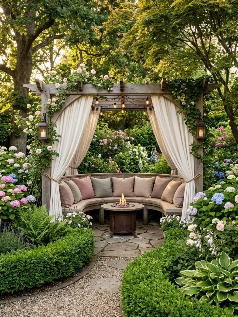 A cozy garden gazebo pergola designed in a cottagecore and warm minimalist style, featuring a compact canopy pergola with flowing ivory curt.