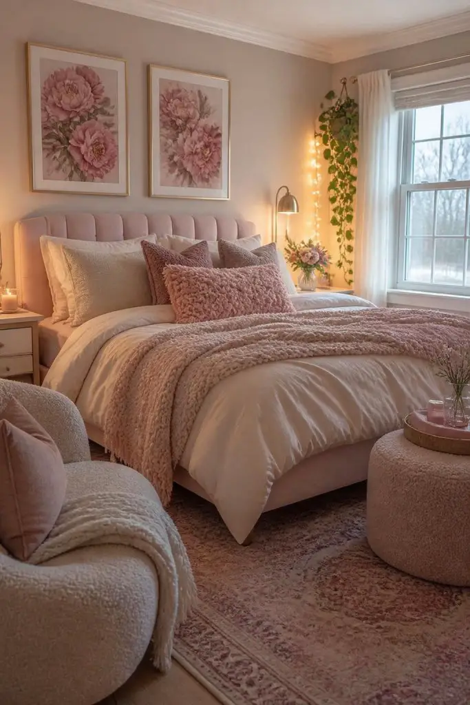 A cozy glam pink bedroom designed with plush textures, blush upholstery, soft fairy lighting, and warm feminine styling.
