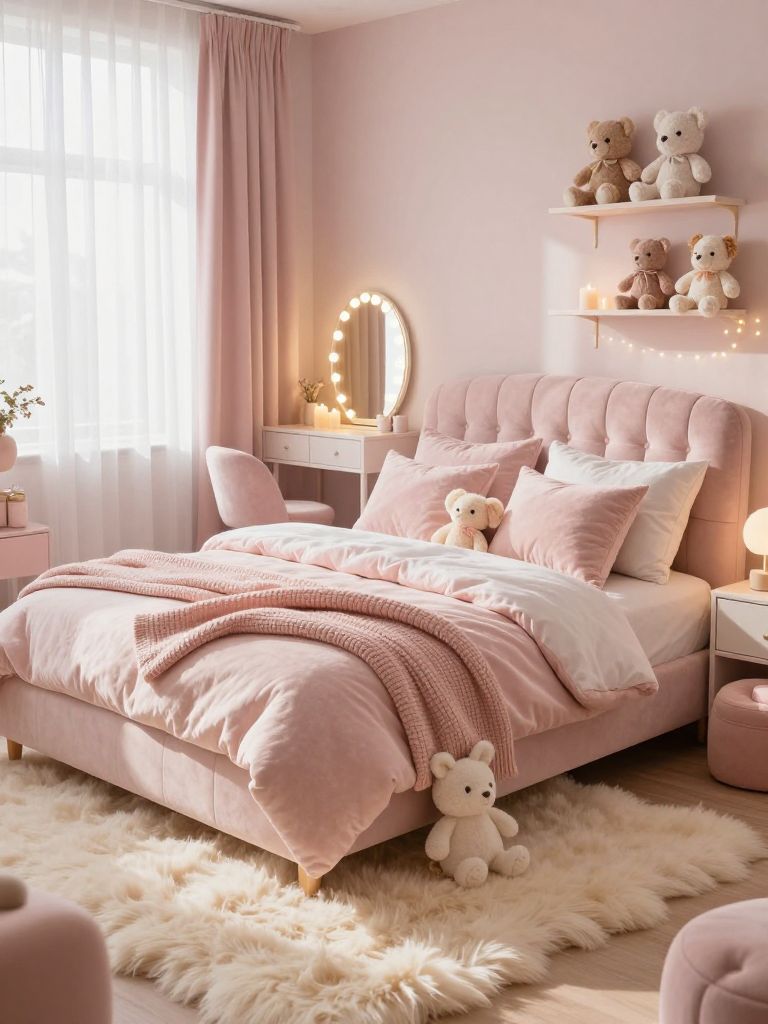 A cozy kawaii-inspired pink bedroom styled with plush decor, soft textures, and dreamy feminine details in a warm pastel aesthetic.