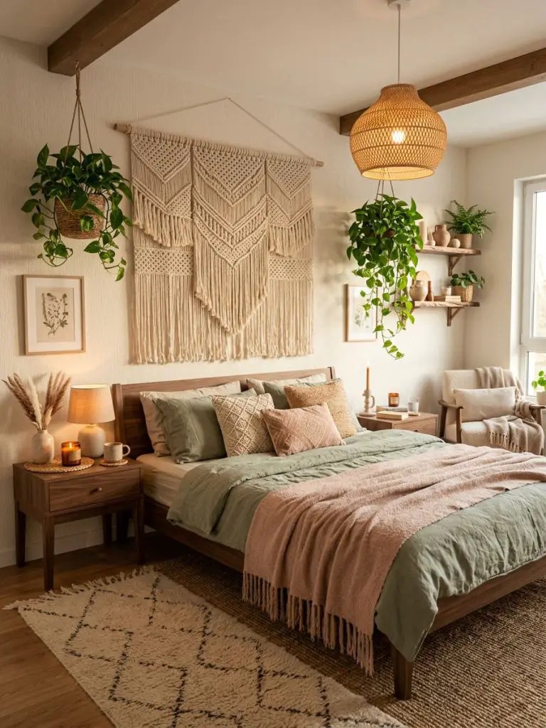 A cozy pink and green boho bedroom inspired by earthy Scandinavian and modern rustic interiors with layered macrame wall decor and warm ambi.