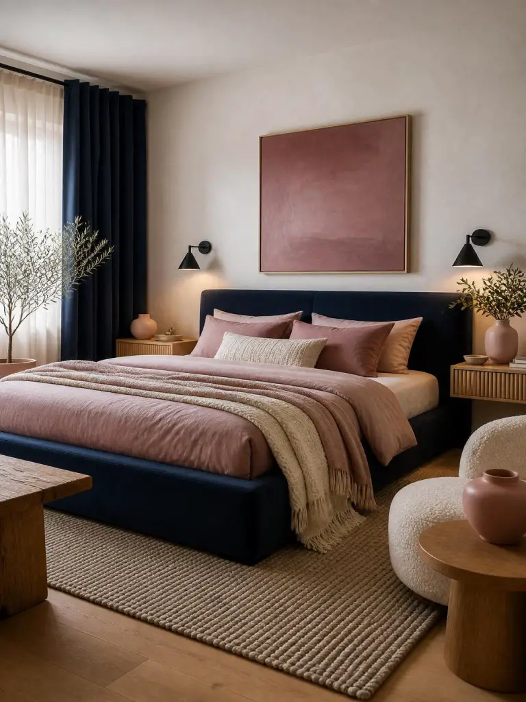 A cozy Scandinavian-inspired bedroom featuring a dominant navy blue upholstered platform bed layered with blush pink linen bedding and soft.
