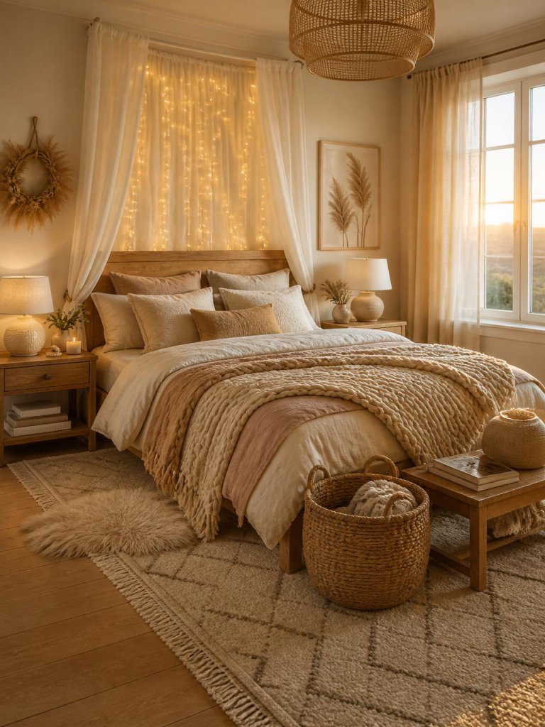 A cozy neutral boho floral bedroom styled with warm rustic and Scandinavian influences featuring a natural wood bed framed by soft ivory dra.