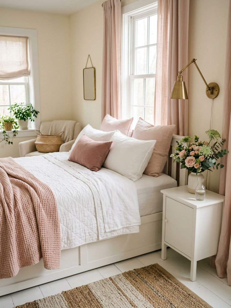 A serene pink and white bedroom designed in a Warm Minimalist and romantic farmhouse style featuring layered white bedding, blush linen pill.