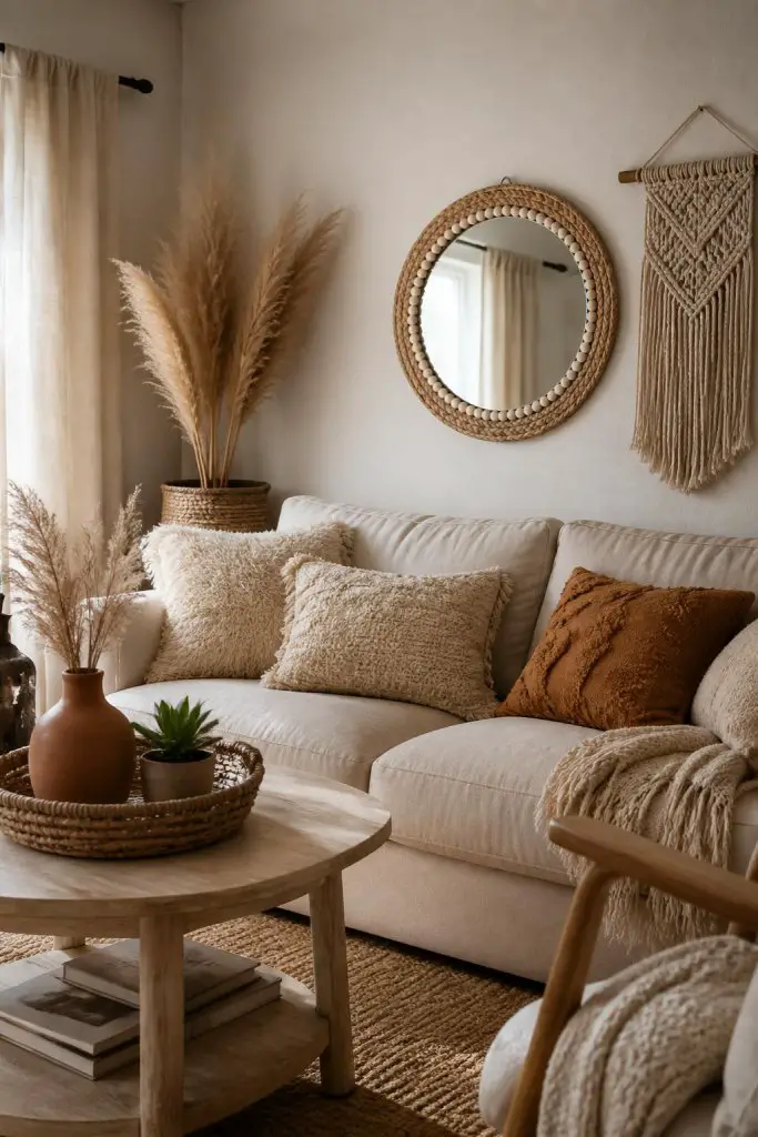 A welcoming neutral-toned living room where a round, rattan-braided mirror takes center stage above a cloud-like sectional sofa adorned with.