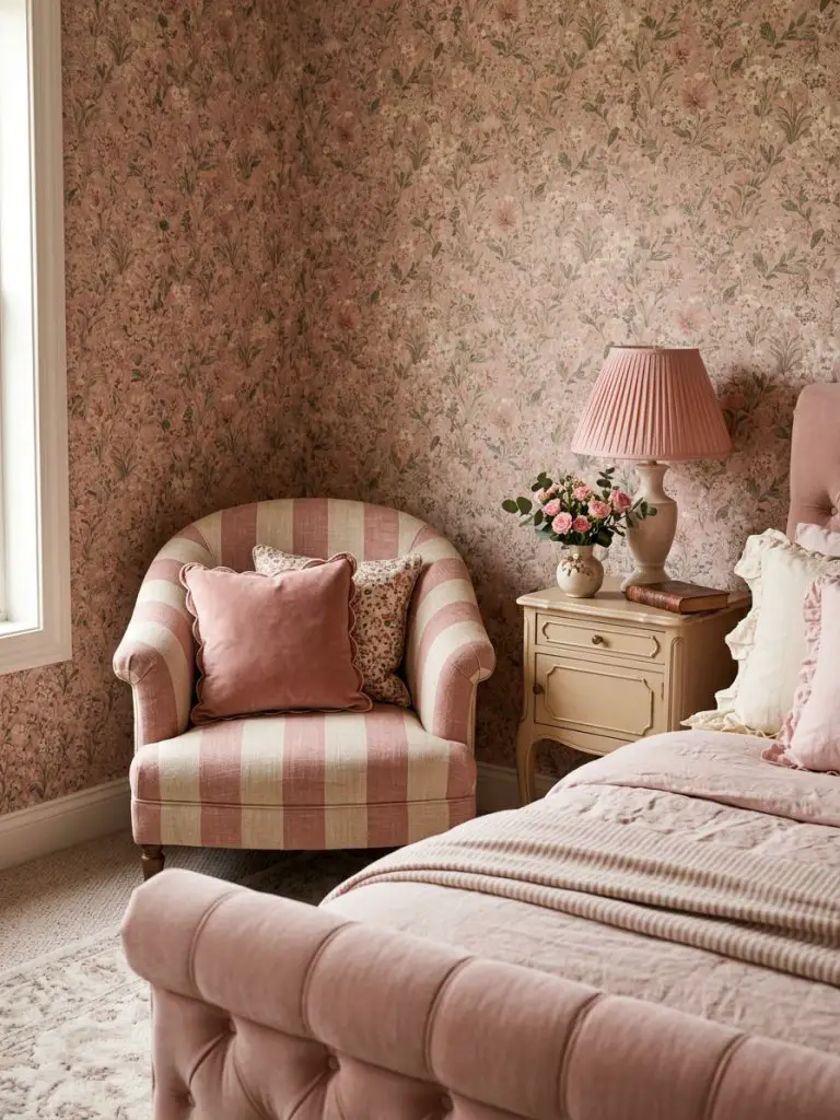 A cozy pink coquette bedroom corner designed with vintage wallpaper, striped upholstery, and feminine layered textures.