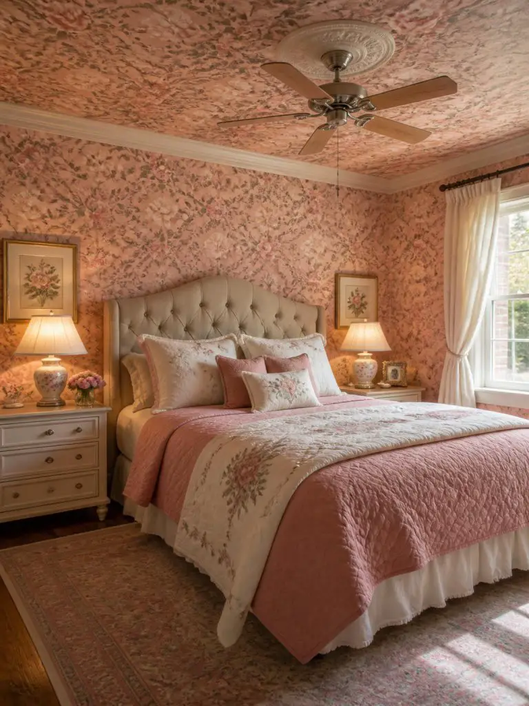 A cozy feminine bedroom layered with pink floral wallpaper extending seamlessly across both the walls and ceiling for an immersive cottageco.
