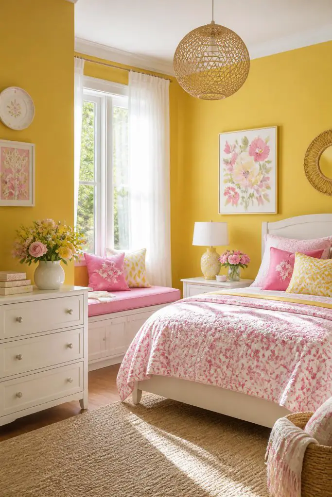 A cozy and inviting bedroom with a sunshine-yellow feature wall, soft pink patterned bedding, and crisp white furniture.