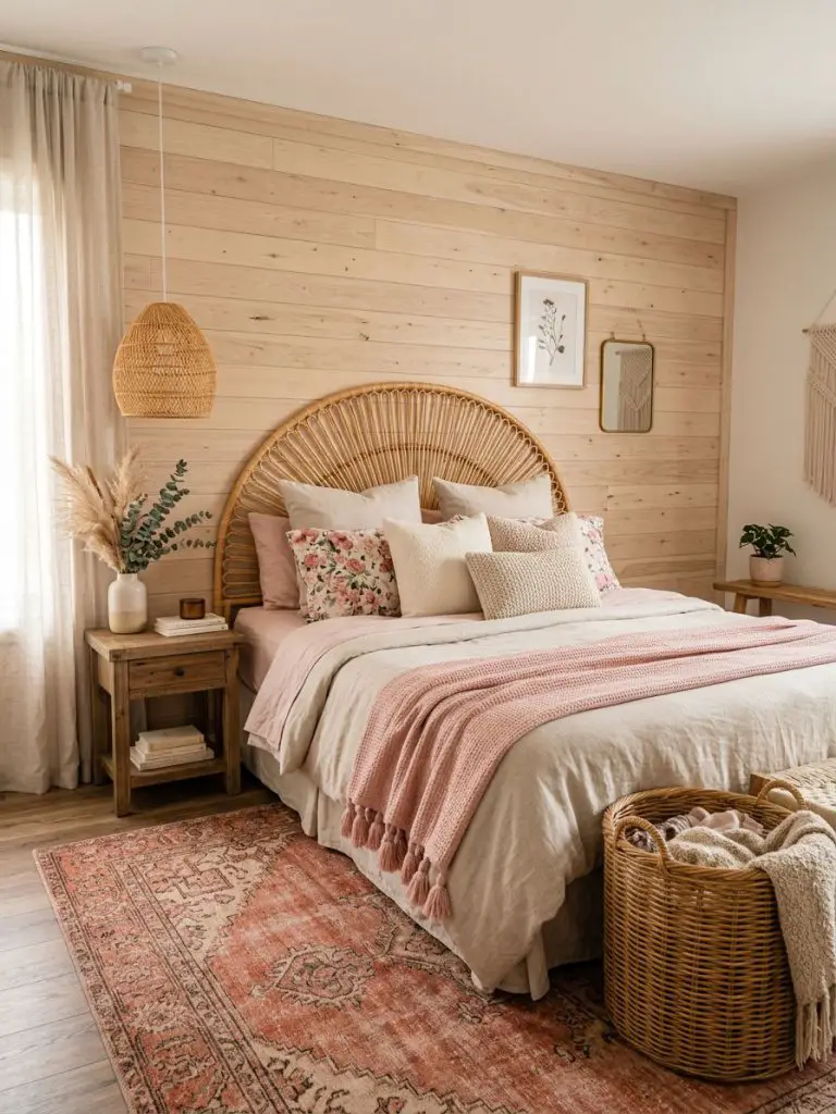 A pink boho bedroom with modern rustic charm featuring a statement rattan headboard against light wood panel walls and blush pink accents la.