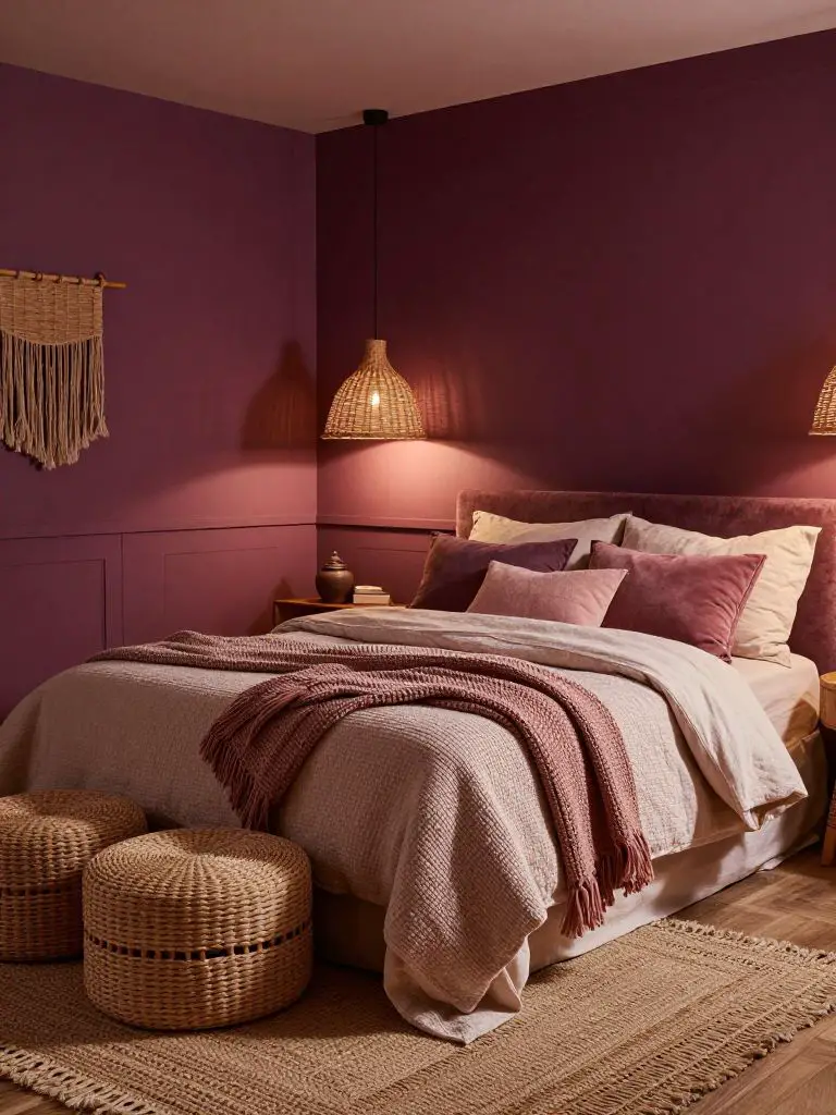 A cozy moody pink bedroom blending Bohemian warmth with Modern Rustic elegance, featuring rich plum walls, woven pendant lighting, and layer.