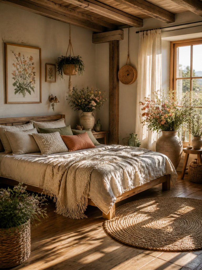 A cozy rustic boho floral bedroom filled with fresh wildflowers, warm wood textures, and soft natural sunlight in a relaxed cottage-inspired.
