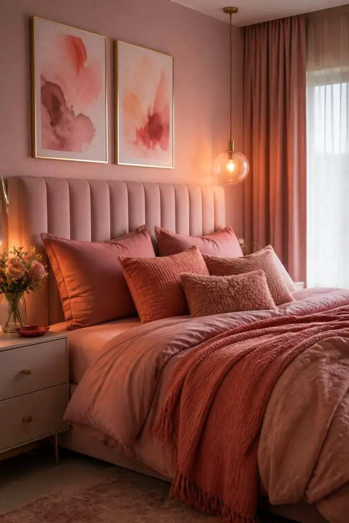 A soothing modern bedroom with dusty pink walls and a plush, vertical channel-tufted headboard in soft blush velvet.