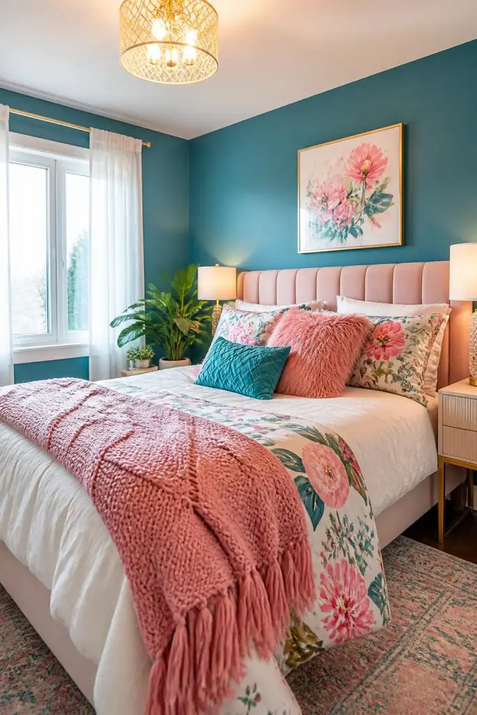 A cozy bedroom with bright teal walls and a plush blush pink tufted bed.