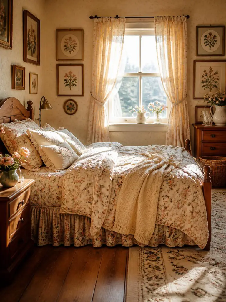 A charming vintage floral cottage bedroom filled with soft sunlight and romantic country details, featuring a warm wood bed layered with flo.