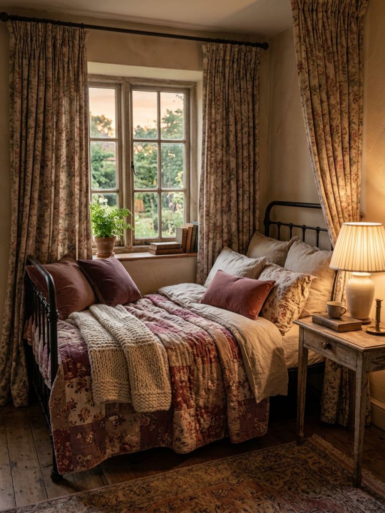 Create an intimate vintage floral bedroom nook designed for maximum comfort and cocoon-like warmth.