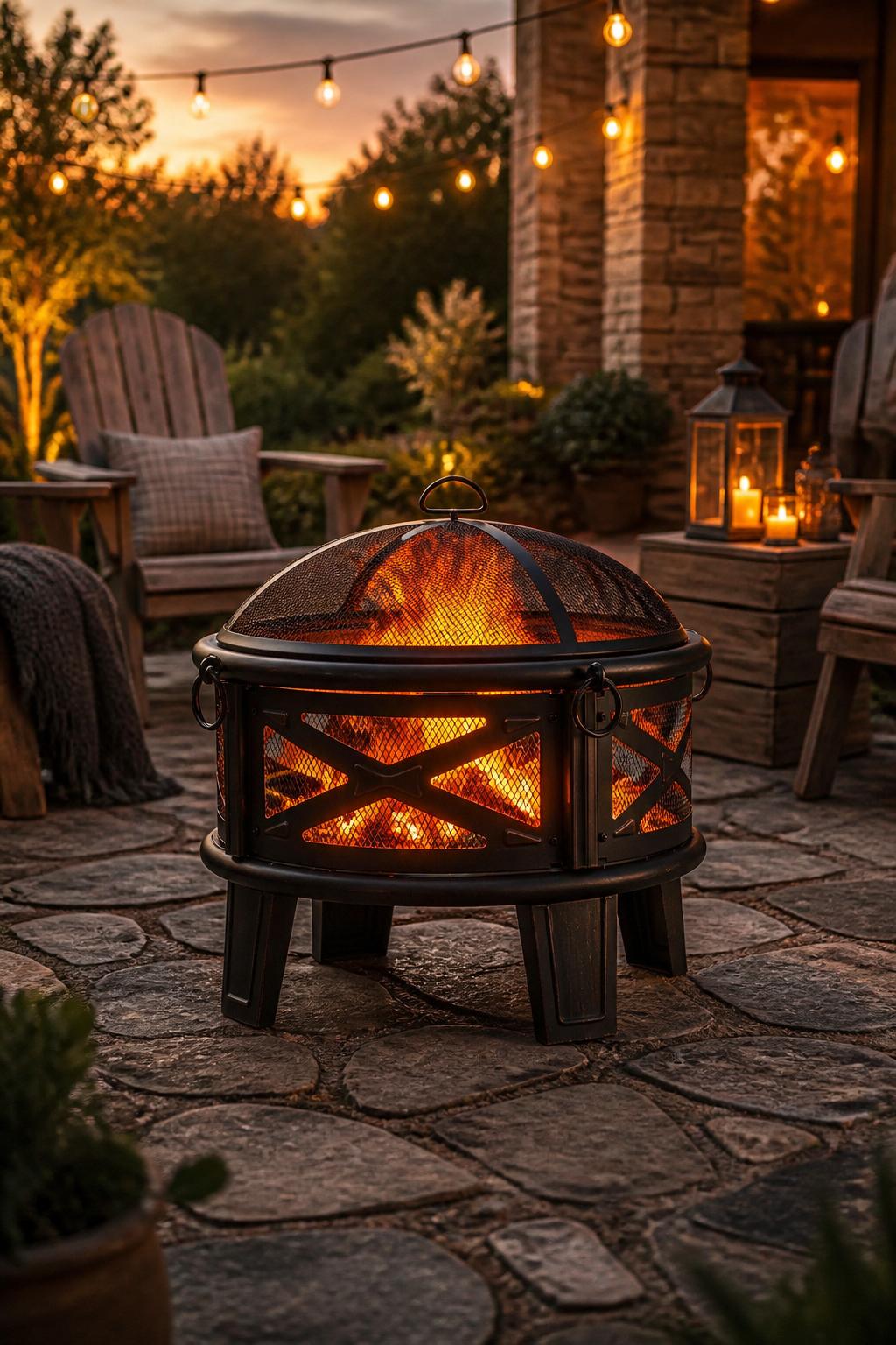 On a rustic stone patio, a cross-braced metal fire pit with a domed wire mesh cover emits a soft glow.