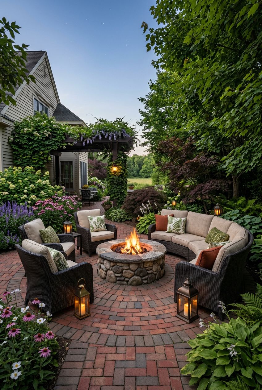 A charming brick patio designed in concentric circles, with a round stone fire pit as the visual anchor surrounded by cushioned wicker chair.