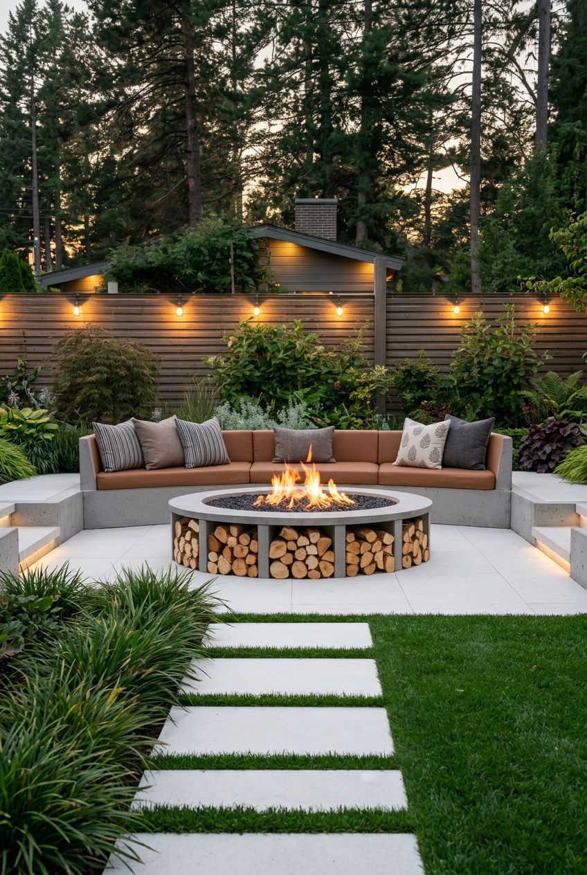 A luxurious fire pit nook showcasing a curved built-in concrete bench upholstered in caramel-toned faux leather with a mix of striped and ne.