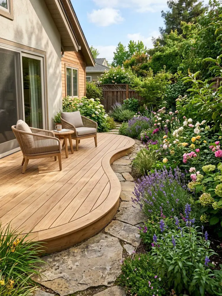 A small backyard deck featuring curved edges that soften the layout, set in a U.