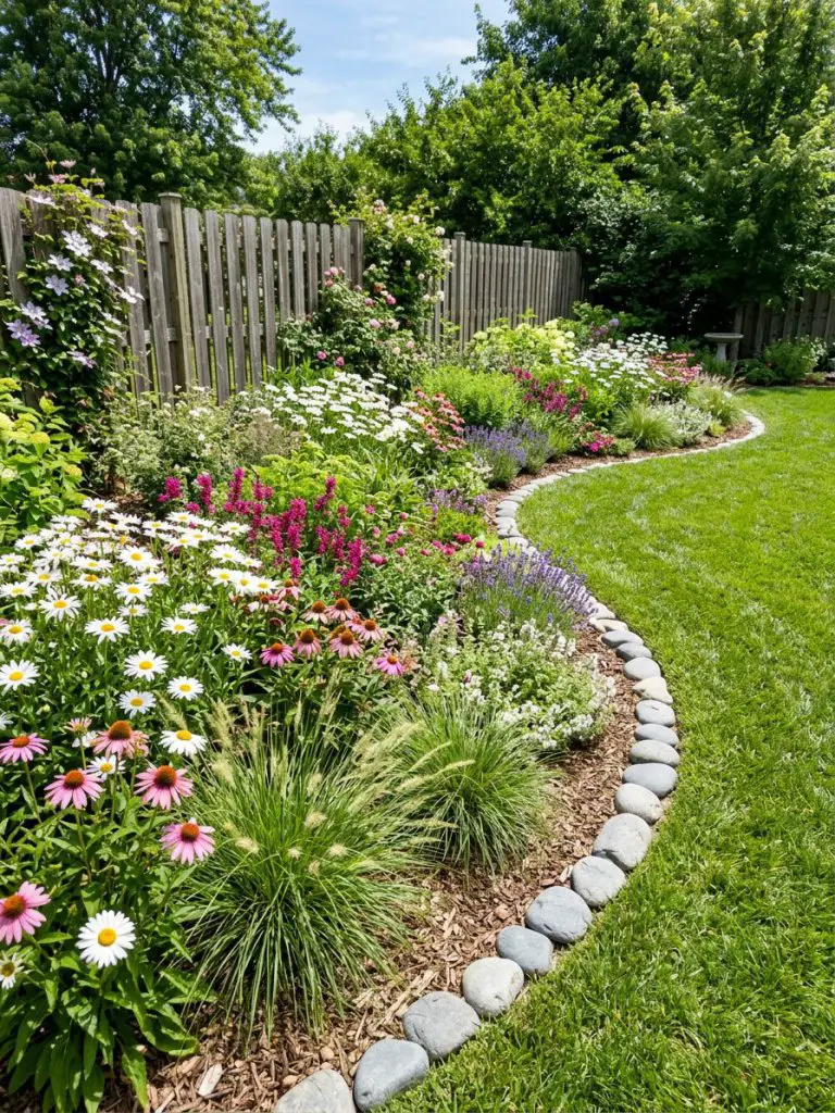A small backyard garden bed designed with sweeping curved borders instead of straight lines, set in a sunny U.