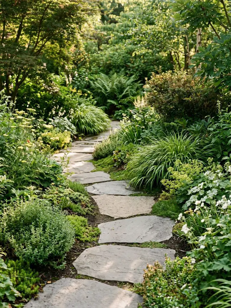 A curved stone garden path bordered by lush groundcover, designed in a Warm Minimalist natural style.