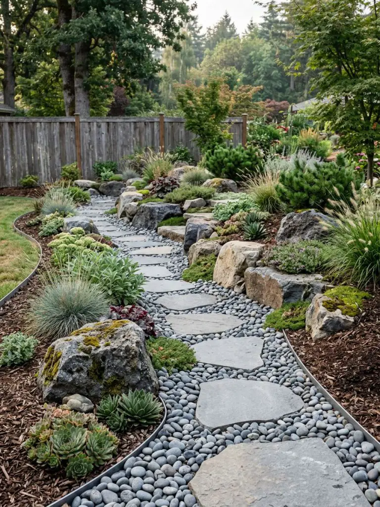A small backyard rockery garden featuring a gently curved stone pathway winding through layered natural boulders and drought-tolerant greene.