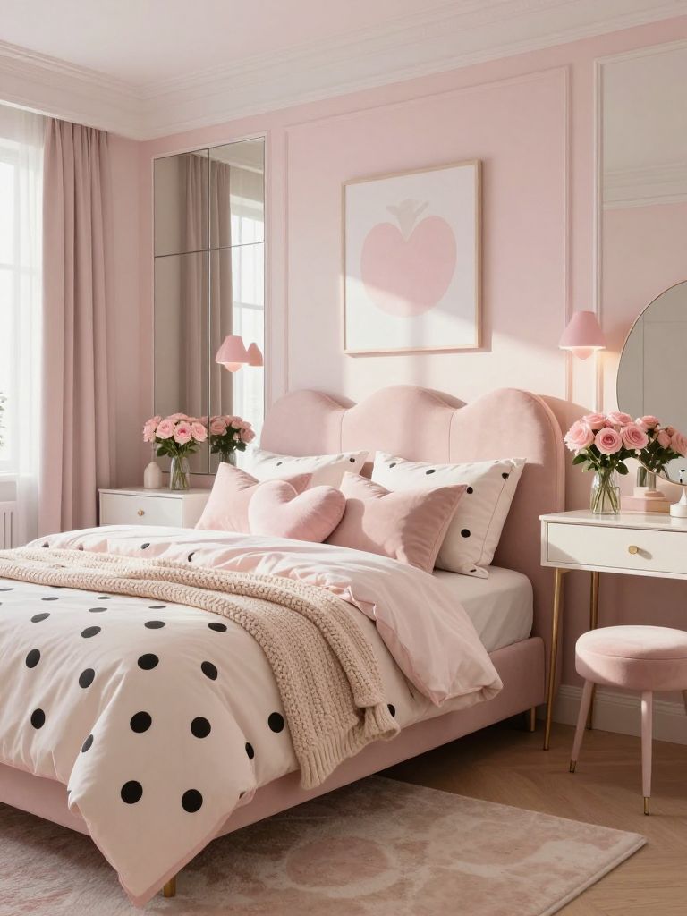 A cute girly pink bedroom designed with playful polka dot bedding and a chic vanity corner in a soft feminine aesthetic.