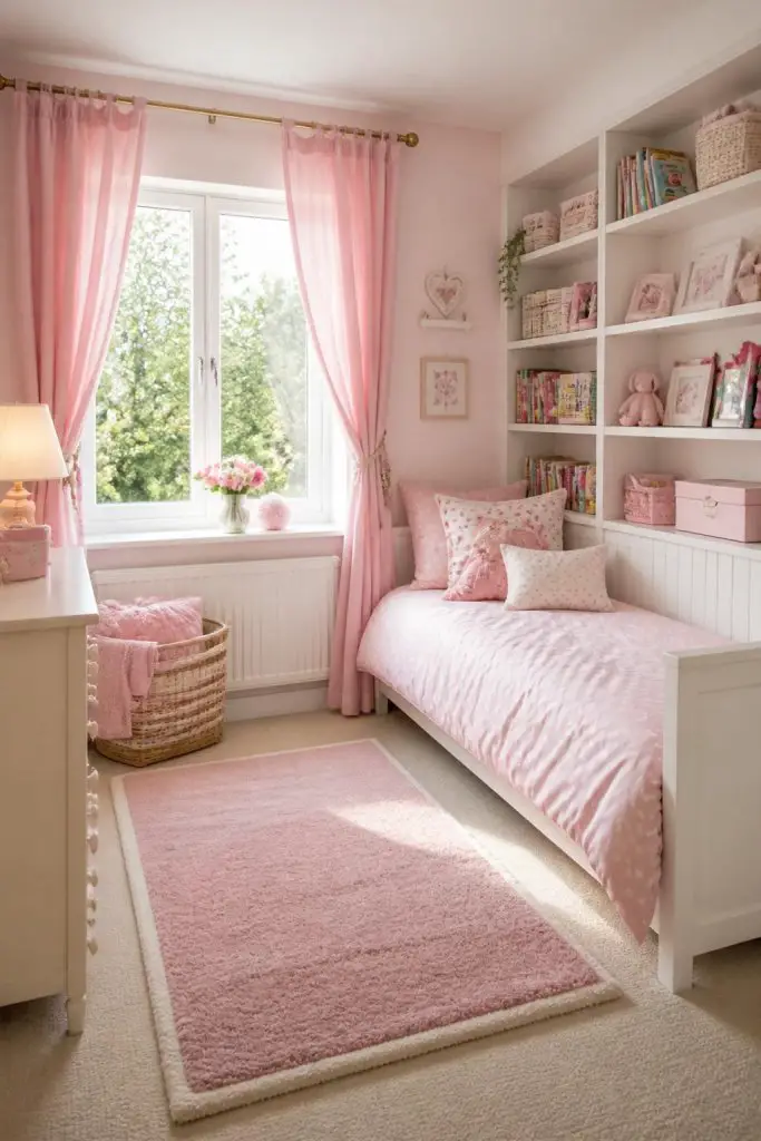 A sweet, cozy kids’ bedroom lined with light pink curtains framing a large window, creating a gentle backdrop for a slim daybed dressed in d.