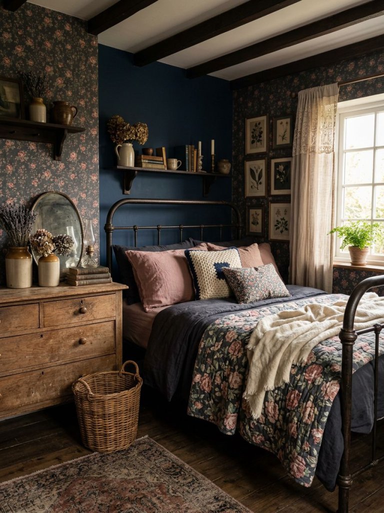 A dark cottagecore bedroom designed with vintage-inspired floral prints layered against rich navy and matte black walls in a cozy Moody Cott.