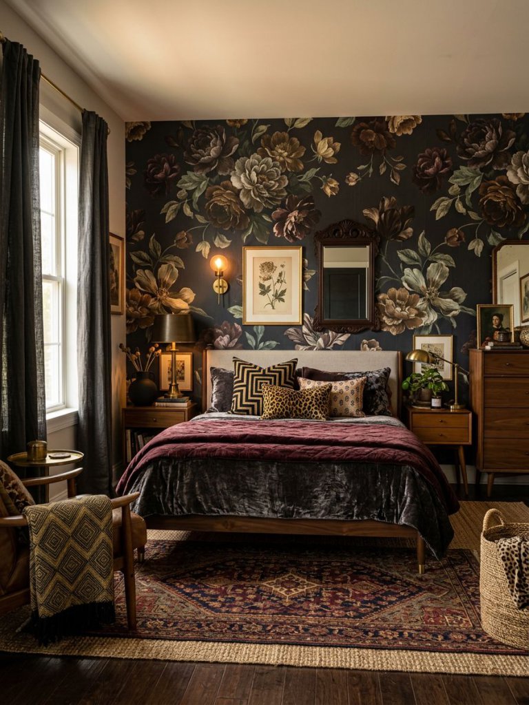 A dark eclectic floral bedroom filled with mixed patterns and layered statement textures in a bold Moody Eclectic design style.