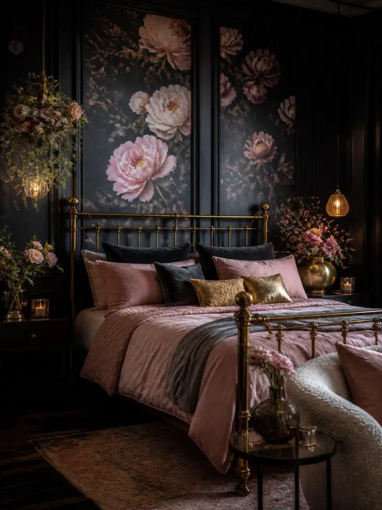 A dark feminine bedroom with dramatic floral wall panels and elegant Parisian-inspired styling.